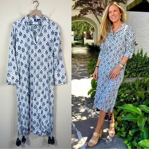 Madison Mathews Darren Long Sleeve Midi Dress Blue Block Print Size Medium